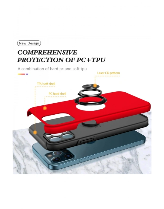 Newface iPhone 12 Pro Max Kılıf Elit Yüzüklü Kapak - Kırmızı