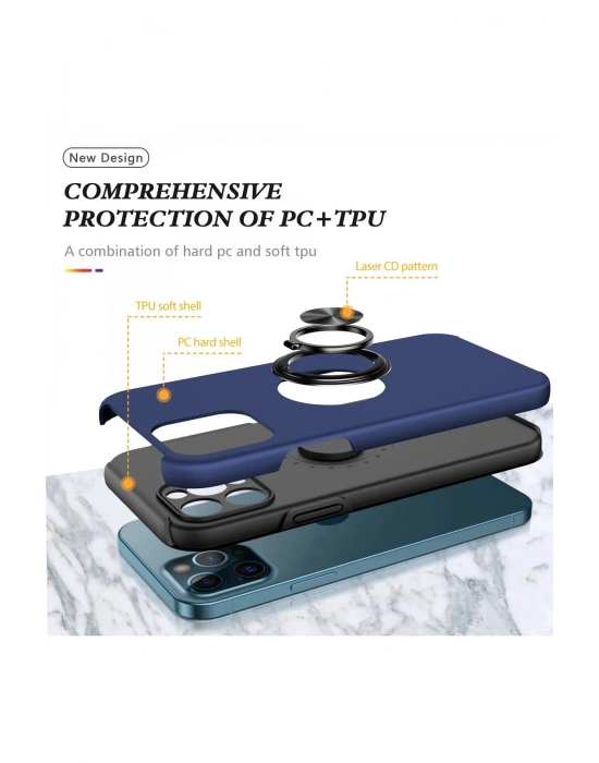 Newface iPhone 12 Pro Max Kılıf Elit Yüzüklü Kapak - Lacivert