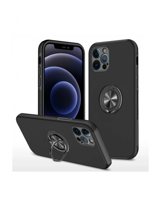 Newface iPhone 12 Pro Max Kılıf Elit Yüzüklü Kapak - Siyah