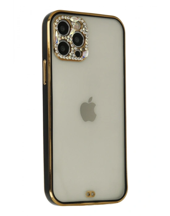 Newface iPhone 12 Pro Max Kılıf Liva Taşlı Silikon - Siyah