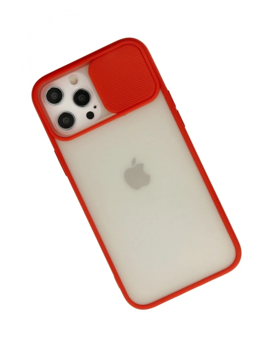 Newface iPhone 12 Pro Max Kılıf Palm Buzlu Kamera Sürgülü Silikon - Kırmızı