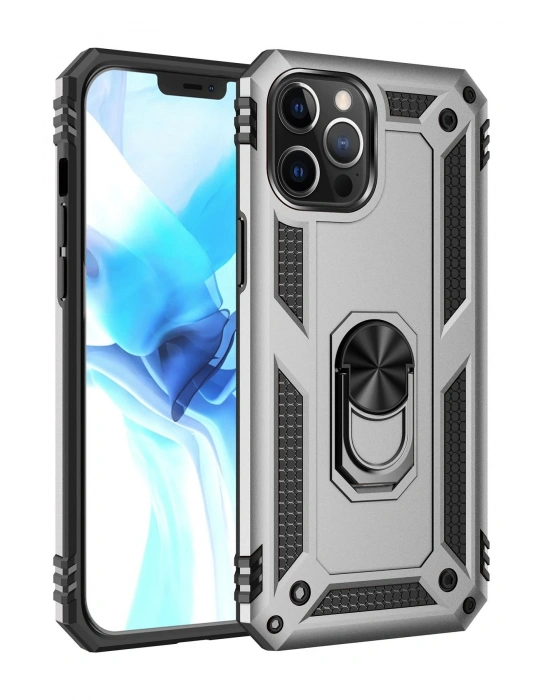 Newface iPhone 12 Pro Max Kılıf Sofya Yüzüklü Silikon Kapak - Gümüş