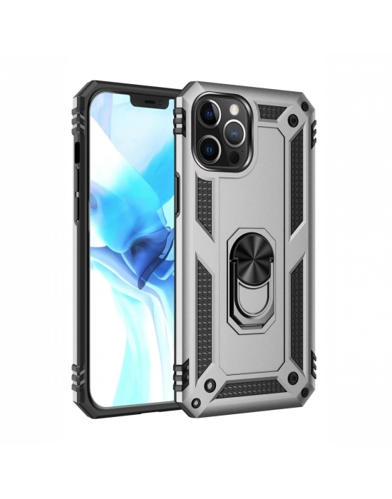 Newface iPhone 12 Pro Max Kılıf Sofya Yüzüklü Silikon Kapak - Gümüş