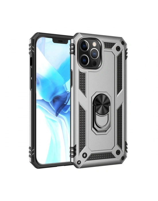 Newface iPhone 12 Pro Max Kılıf Sofya Yüzüklü Silikon Kapak - Gümüş