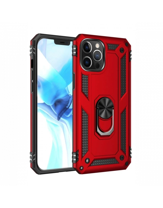 Newface iPhone 12 Pro Max Kılıf Sofya Yüzüklü Silikon Kapak - Kırmızı