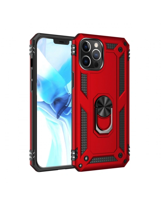 Newface iPhone 12 Pro Max Kılıf Sofya Yüzüklü Silikon Kapak - Kırmızı