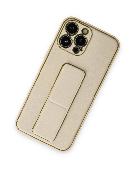 Newface iPhone 13 Pro Kılıf Coco Deri Standlı Kapak - Gold