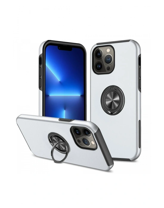 Newface iPhone 13 Pro Kılıf Elit Yüzüklü Kapak - Gümüş