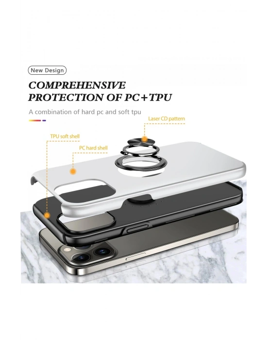 Newface iPhone 13 Pro Kılıf Elit Yüzüklü Kapak - Gümüş