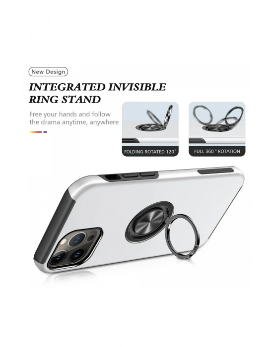 Newface iPhone 13 Pro Kılıf Elit Yüzüklü Kapak - Gümüş