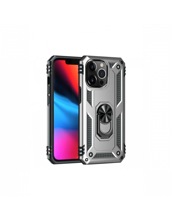 Newface iPhone 13 Pro Kılıf Sofya Yüzüklü Silikon Kapak - Gümüş