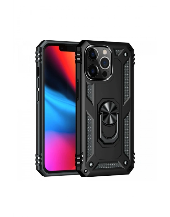 Newface iPhone 13 Pro Kılıf Sofya Yüzüklü Silikon Kapak - Siyah