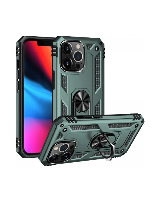 Newface iPhone 13 Pro Kılıf Sofya Yüzüklü Silikon Kapak - Yeşil