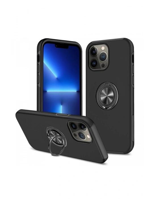 Newface iPhone 13 Pro Max Kılıf Elit Yüzüklü Kapak - Siyah