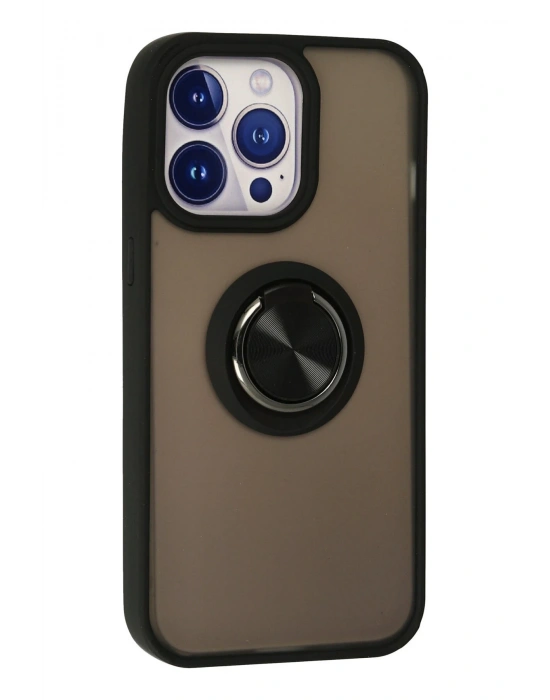 Newface iPhone 13 Pro Max Kılıf Montreal Yüzüklü Silikon Kapak - Siyah