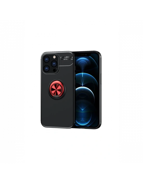 Newface iPhone 13 Pro Max Kılıf Range Yüzüklü Silikon - Siyah-Kırmızı