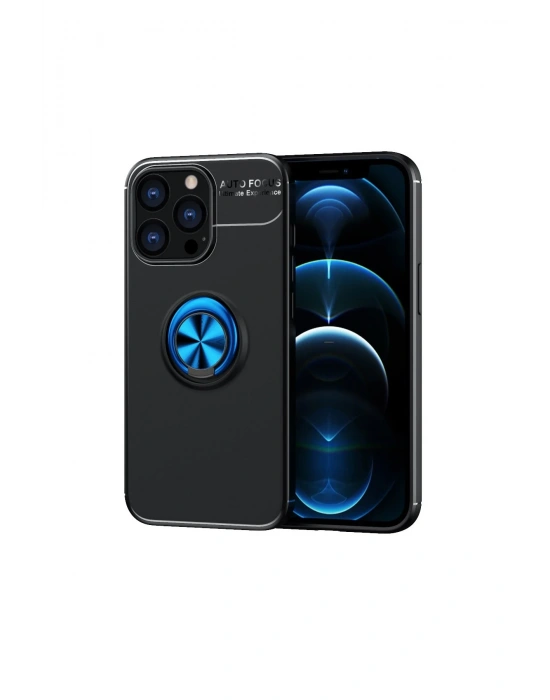 Newface iPhone 13 Pro Max Kılıf Range Yüzüklü Silikon - Siyah-Mavi