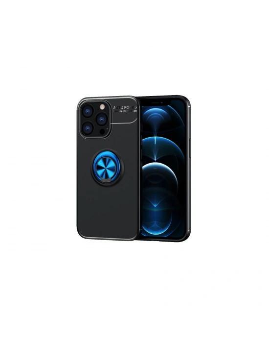 Newface iPhone 13 Pro Max Kılıf Range Yüzüklü Silikon - Siyah-Mavi