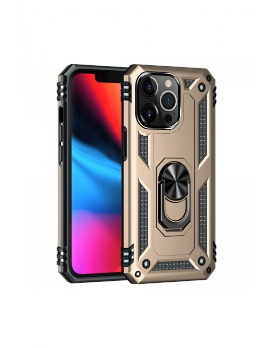 Newface iPhone 13 Pro Max Kılıf Sofya Yüzüklü Silikon Kapak - Gold