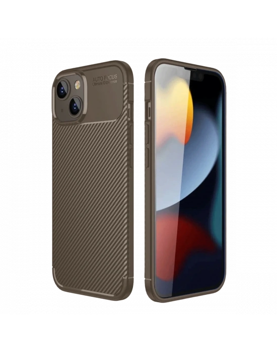 Newface iPhone 14 Kılıf Auto Focus Karbon Kapak - Kahverengi