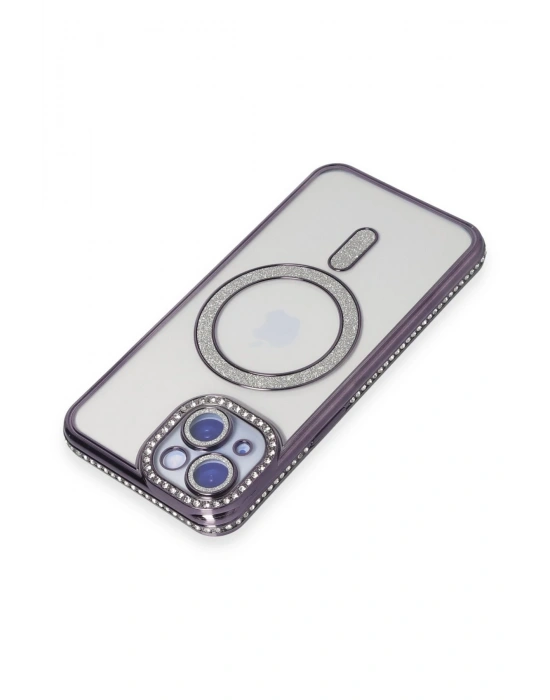 Newface iPhone 14 Kılıf Joke Simli Magneticsafe Kılıf - Derin Mor