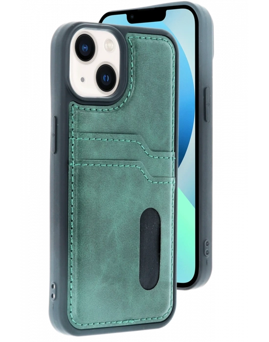 Newface iPhone 14 Kılıf Sara Kartvizitli Deri Kılıf - Koyu Yeşil