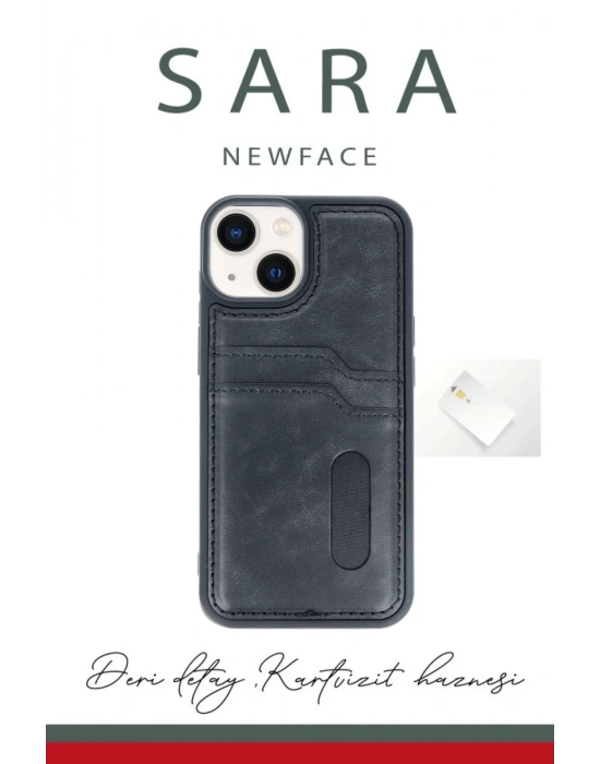 Newface iPhone 14 Kılıf Sara Kartvizitli Deri Kılıf - Siyah