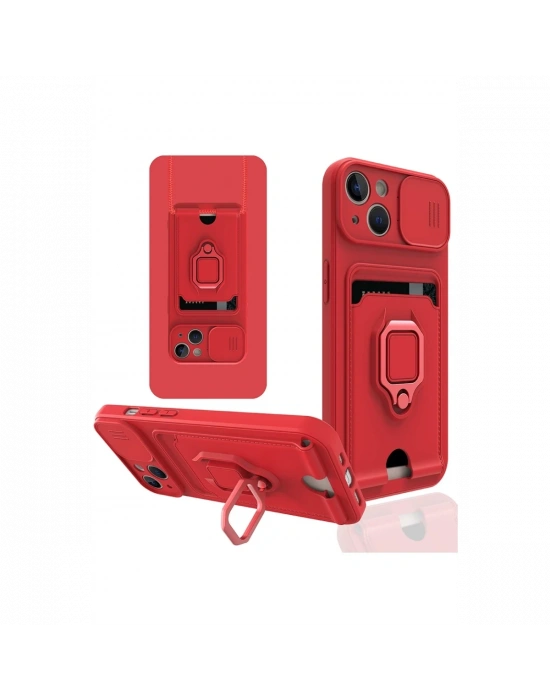 Newface iPhone 14 Kılıf Zuma Kartvizitli Yüzüklü Silikon - Kırmızı