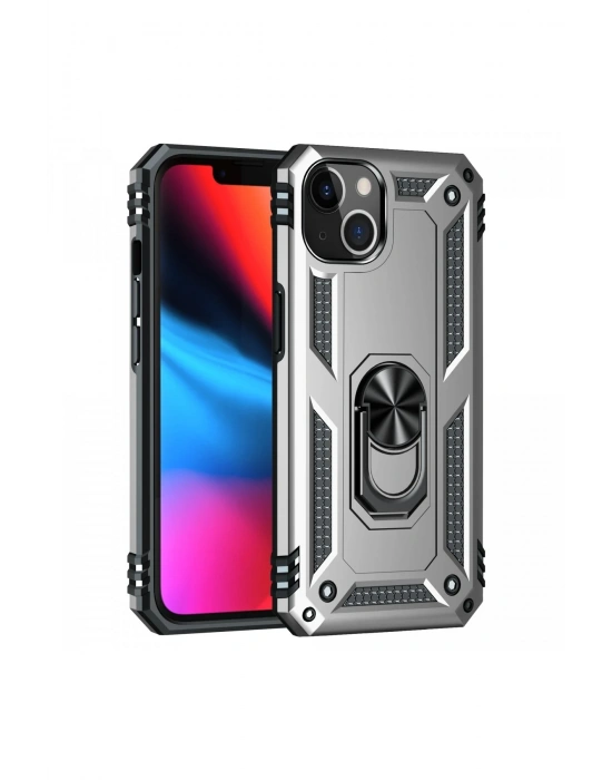 Newface iPhone 14 Plus Kılıf Sofya Yüzüklü Silikon Kapak - Gümüş