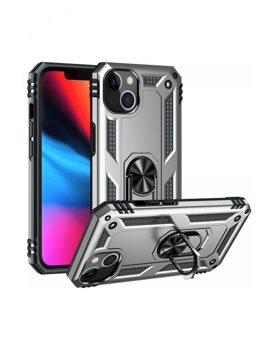 Newface iPhone 14 Plus Kılıf Sofya Yüzüklü Silikon Kapak - Gümüş