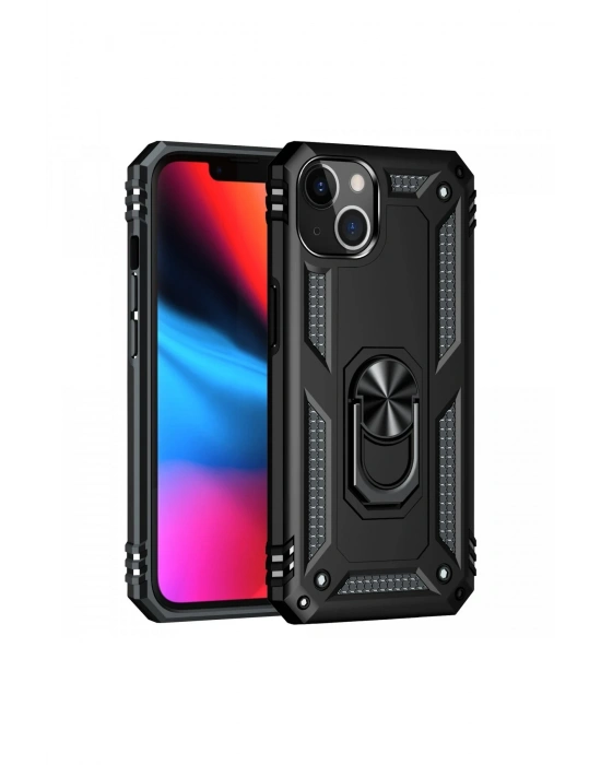 Newface iPhone 14 Plus Kılıf Sofya Yüzüklü Silikon Kapak - Siyah