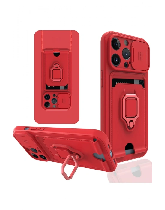 Newface iPhone 14 Pro Kılıf Zuma Kartvizitli Yüzüklü Silikon - Kırmızı