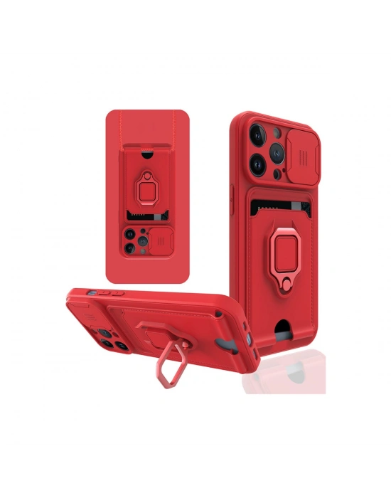 Newface iPhone 14 Pro Kılıf Zuma Kartvizitli Yüzüklü Silikon - Kırmızı