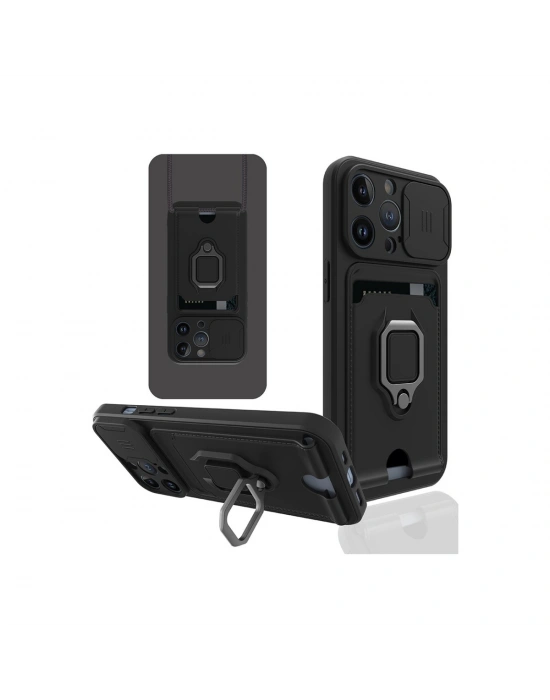 Newface iPhone 14 Pro Kılıf Zuma Kartvizitli Yüzüklü Silikon - Siyah