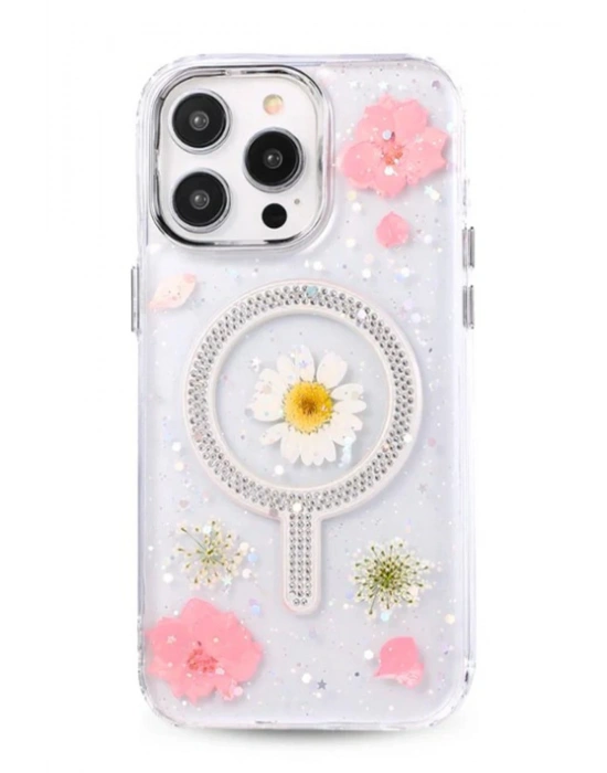 Newface iPhone 14 Pro Max Flower Magsafe Kapak - Pembe