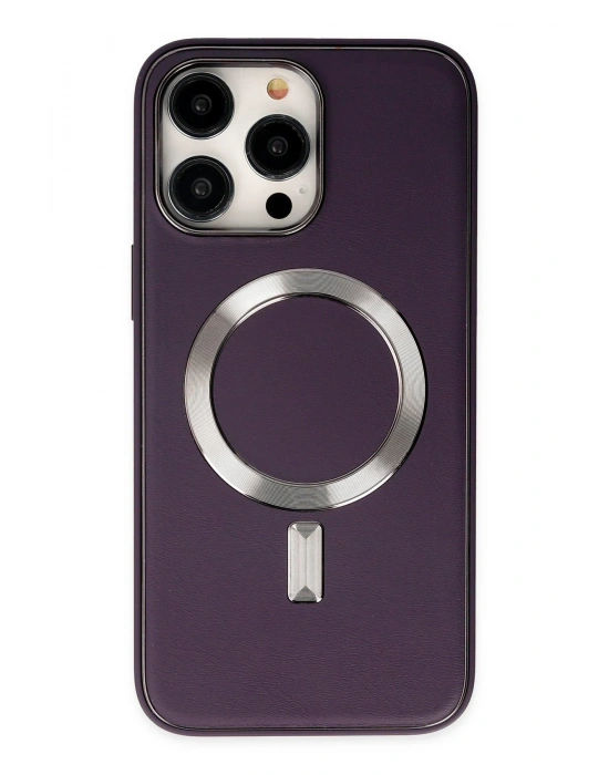 Newface iPhone 14 Pro Max Kılıf Coco Deri Magneticsafe Silikon - Derin Mor