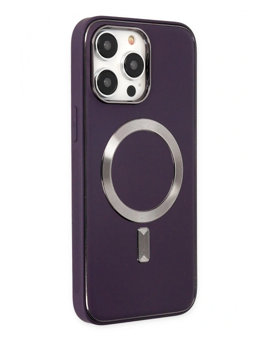 Newface iPhone 14 Pro Max Kılıf Coco Deri Magneticsafe Silikon - Derin Mor