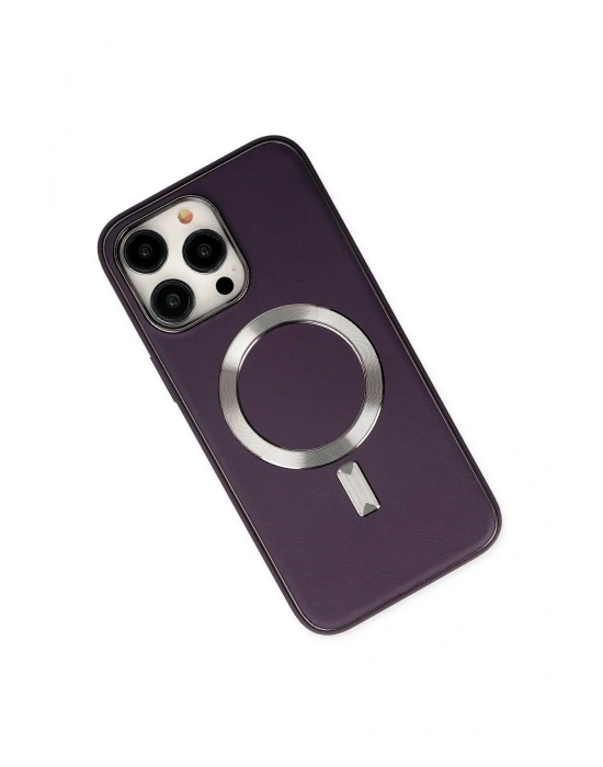 Newface iPhone 14 Pro Max Kılıf Coco Deri Magneticsafe Silikon - Derin Mor