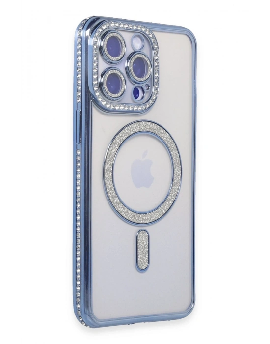 Newface iPhone 14 Pro Max Kılıf Joke Simli Magneticsafe Kılıf - Mavi