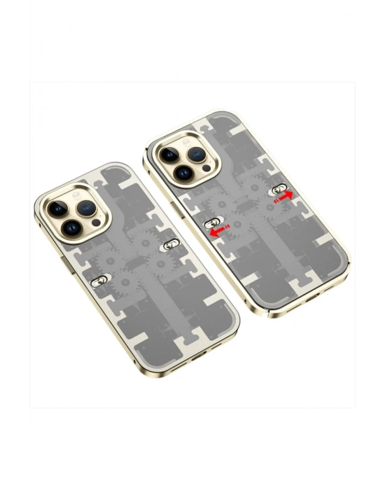 Newface iPhone 14 Pro Max Kılıf Mekanik Bumper Kapak - Gold