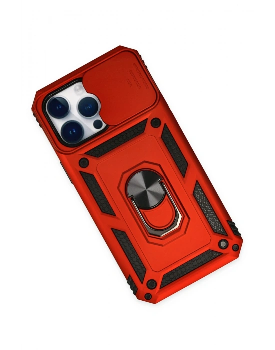 Newface iPhone 14 Pro Max Kılıf Pars Lens Yüzüklü Silikon - Kırmızı