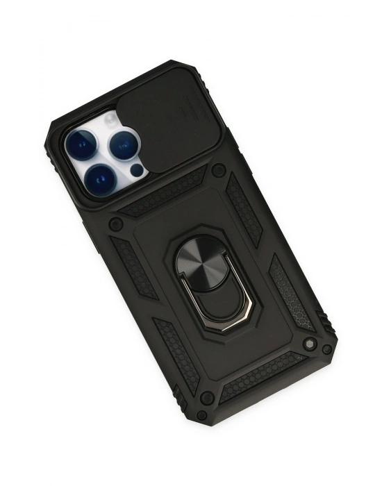 Newface iPhone 14 Pro Max Kılıf Pars Lens Yüzüklü Silikon - Siyah