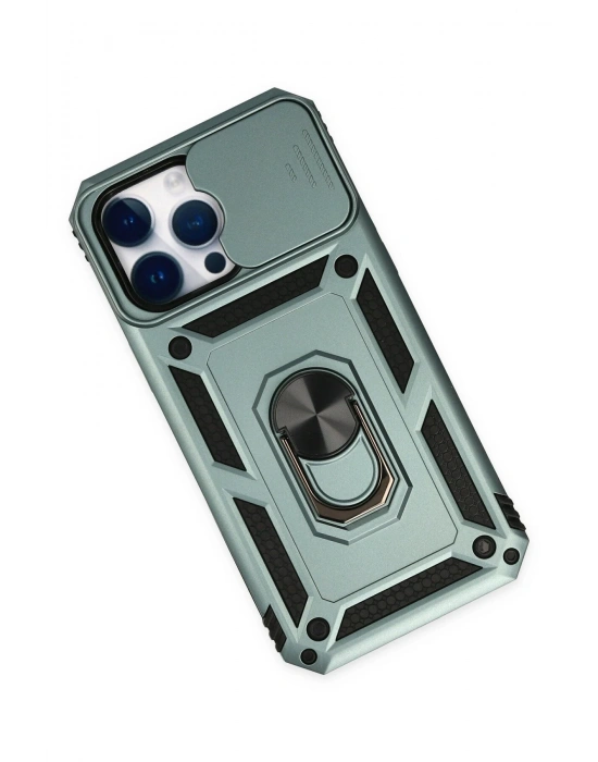 Newface iPhone 14 Pro Max Kılıf Pars Lens Yüzüklü Silikon - Yeşil