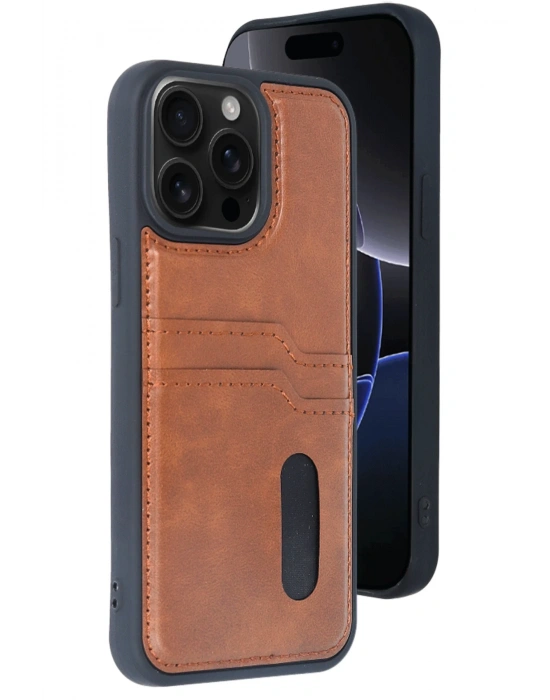 Newface iPhone 14 Pro Max Kılıf Sara Kartvizitli Deri Kılıf - Taba