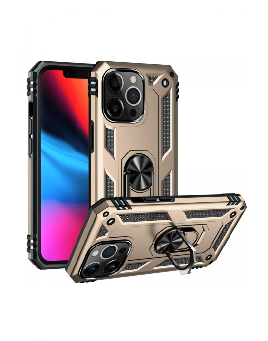 Newface iPhone 14 Pro Max Kılıf Sofya Yüzüklü Silikon Kapak - Gold