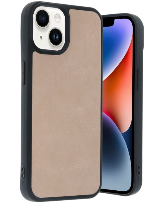 Newface iPhone 15 Kılıf Aras Deri Kapak - Pudra