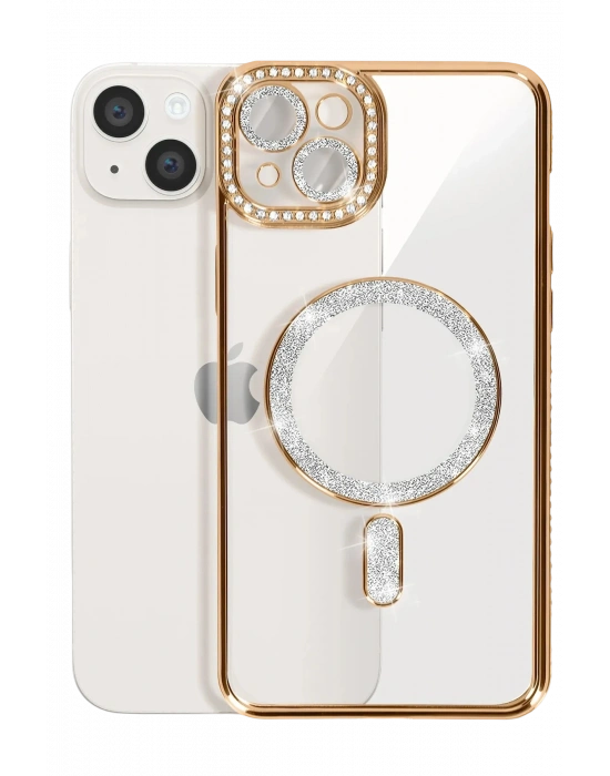 Newface iPhone 15 Kılıf Joke Simli Magneticsafe Kılıf - Gold