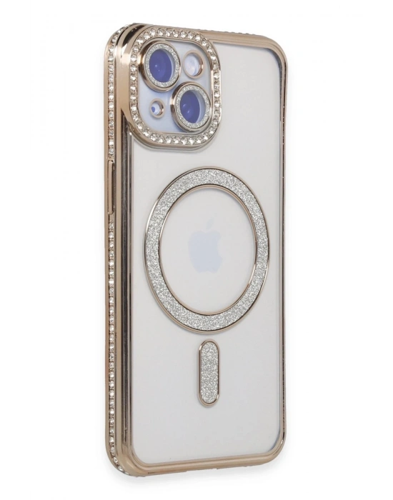 Newface iPhone 15 Kılıf Joke Simli Magneticsafe Kılıf - Gold