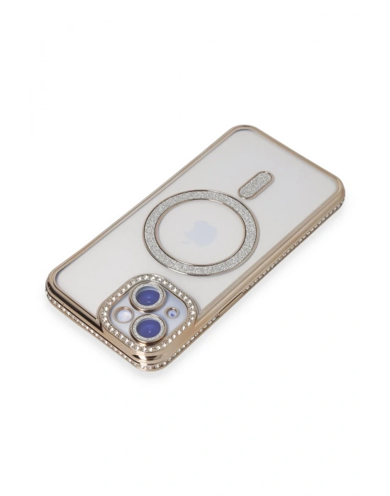 Newface iPhone 15 Kılıf Joke Simli Magneticsafe Kılıf - Gold