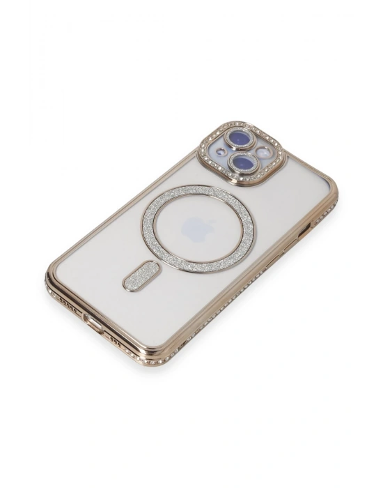 Newface iPhone 15 Kılıf Joke Simli Magneticsafe Kılıf - Gold